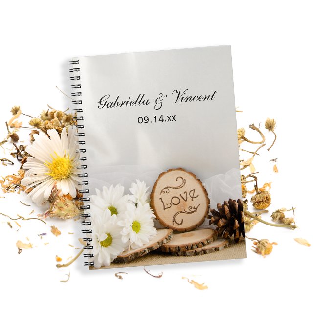 Caderno Espiral Casamento Rustic White Daisies Woodland (Criador carregado)