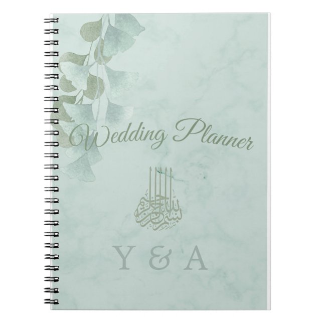 Caderno Espiral Casamento Verde Eucalyptus Foliage Bismillah Marbl (Frente)