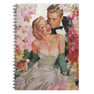 Caderno Espiral casamento vintage, Noiva retrô e Newlyweds Groom