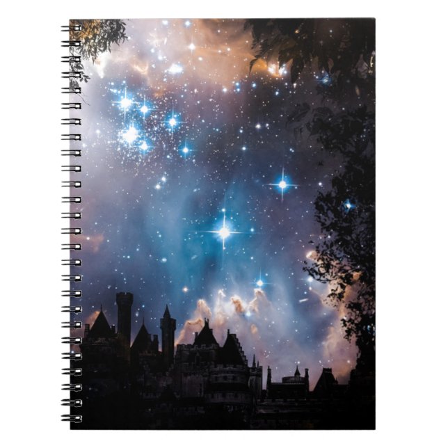 Caderno Espiral Castelo de Árvore das Estrelas do Night Sky (Frente)