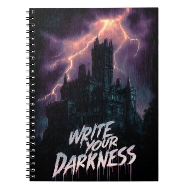 Caderno Espiral Castelo Gótico Assombrado sob tempestade com texto (Frente)