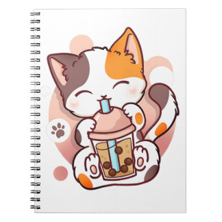 Caderno Espiral Cat Boba Tea Bubble Tea Anime Kawaii Neko para Gar
