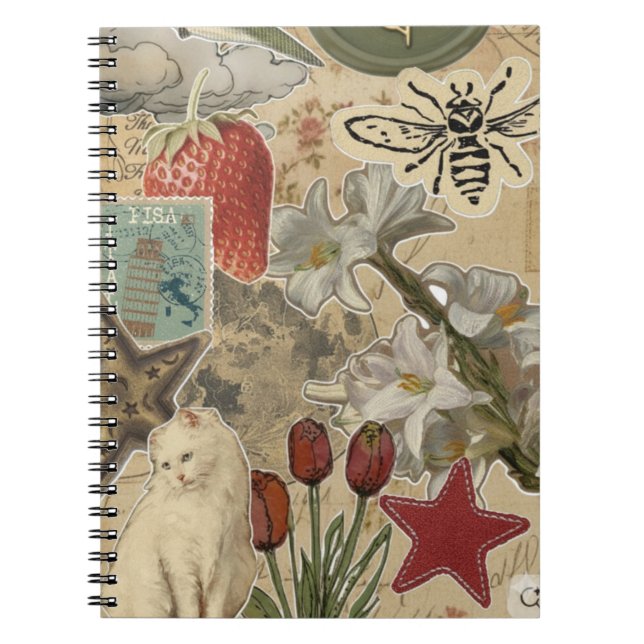 Caderno Espiral Cat Floral Collage Pattern – Cute Artistic Design (Frente)