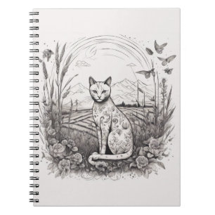 Caderno Espiral Cat Floral Preto Branco Fechar Flores Detalhadas