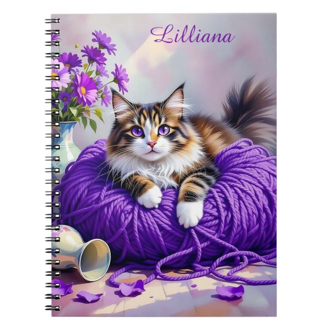 Caderno Espiral Cat  in Purple Yarn and Flowers Personalized (Frente)