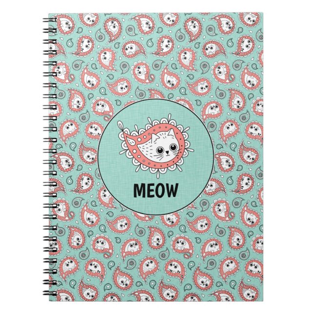 Caderno Espiral Cat Paisley - Coral e Mint (Frente)