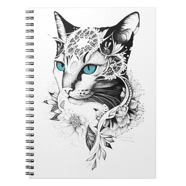 Caderno Espiral Cat Pet Animal Nature Ilustração Arte Tatuagem (Frente)