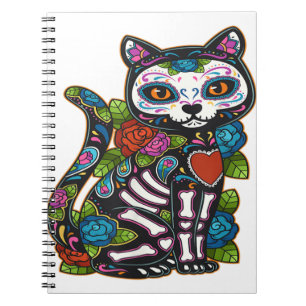Caderno Espiral Cat Sugar Skull México Calavera Dia De Los Muertos