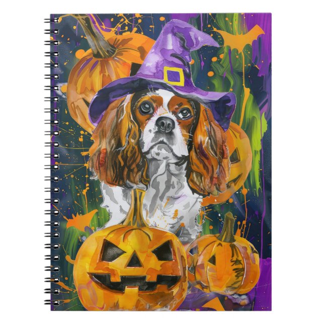 Caderno Espiral Cavalier King Dog Halloween Witée E Pumpkin (Frente)
