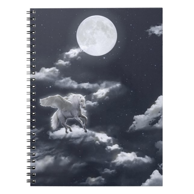 Caderno Espiral Cavalo branco alado: céu iluminado pela lua. (Frente)