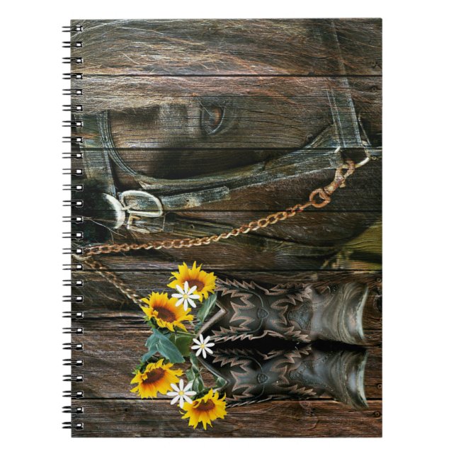 Caderno Espiral Cavalo Cowboy Boots Girassóis Flores Rústicas Cons (Frente)