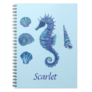 Caderno Espiral Cavalo de mar azul personalizável e conchas