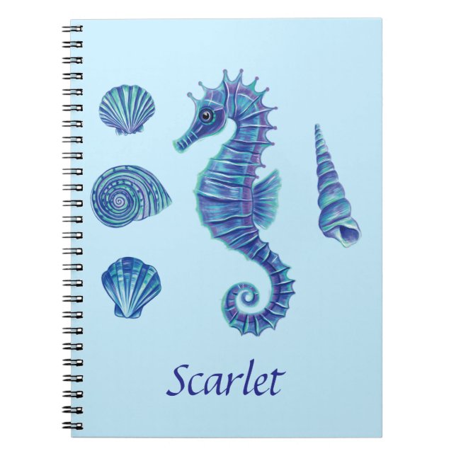 Caderno Espiral Cavalo de mar azul personalizável e conchas (Frente)