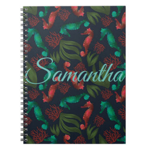 Caderno Espiral Cavalo-Marinho Aquarela Azul Náutico Personalizado