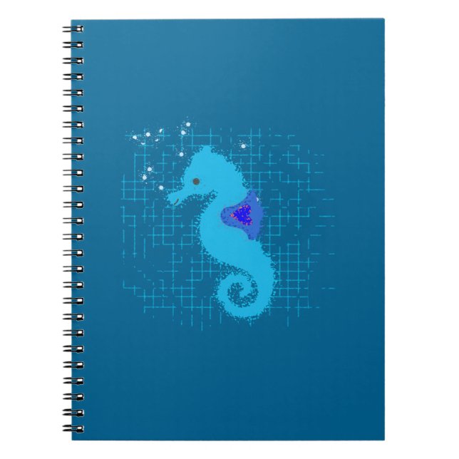 Caderno Espiral Cavalo-Marinho Azul Em Fundo Distante (Frente)
