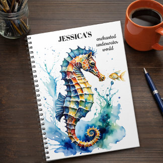 Caderno Espiral Cavalo Marinho Colorido Aquarela Costeira
