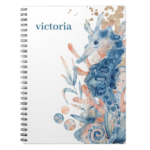 Caderno Espiral Cavalo-marinho concha sob o mar Azul Aniversário P