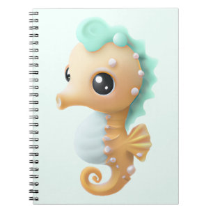 Caderno Espiral Cavalo-marinho-de-bébé-branca em Teal e Branco
