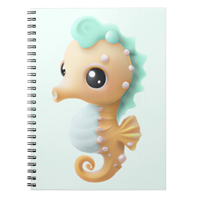 Caderno Espiral Cavalo-marinho-de-bébé-branca em Teal e Branco (Frente)