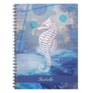 Caderno Espiral Cavalo-Marinho Vintage Elegante Ondas do Oceano Az
