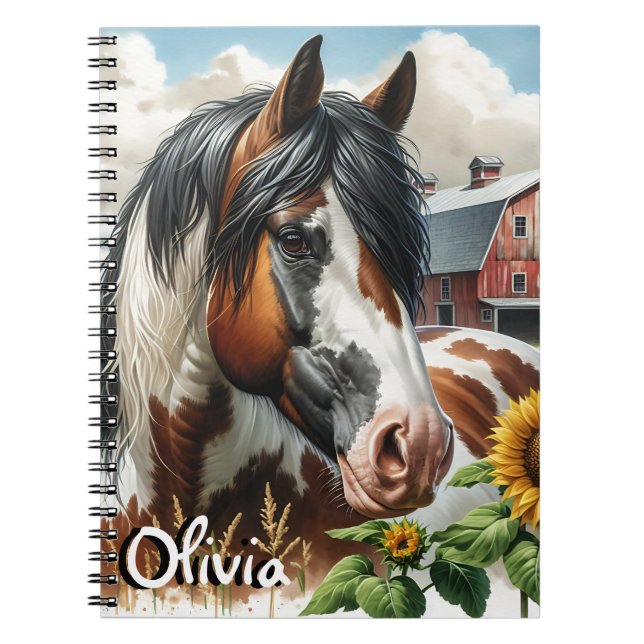 Caderno Espiral Cavalo Marrom e Branco Pinto Bonito em Fazenda Rús (Frente)