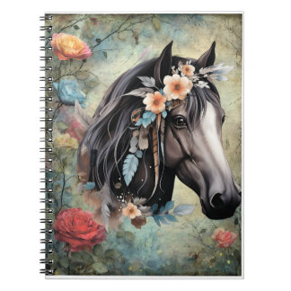 Caderno Espiral Cavalo marrom em flores.