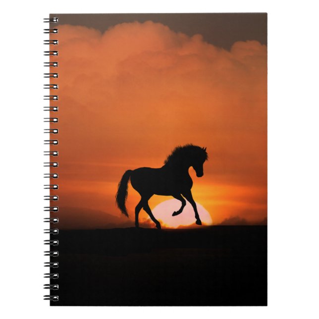 Caderno Espiral Cavalo personalizável no notebook sunset (Frente)