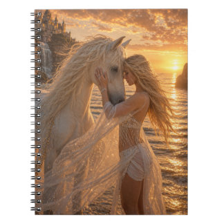 Caderno Espiral Cavalo romântico sonhador e donzela pôr do sol à b