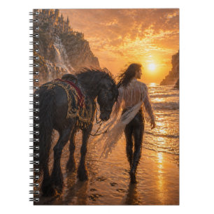 Caderno Espiral Cavalo Sonhador Romântico e Homem Noturno do Pôr d