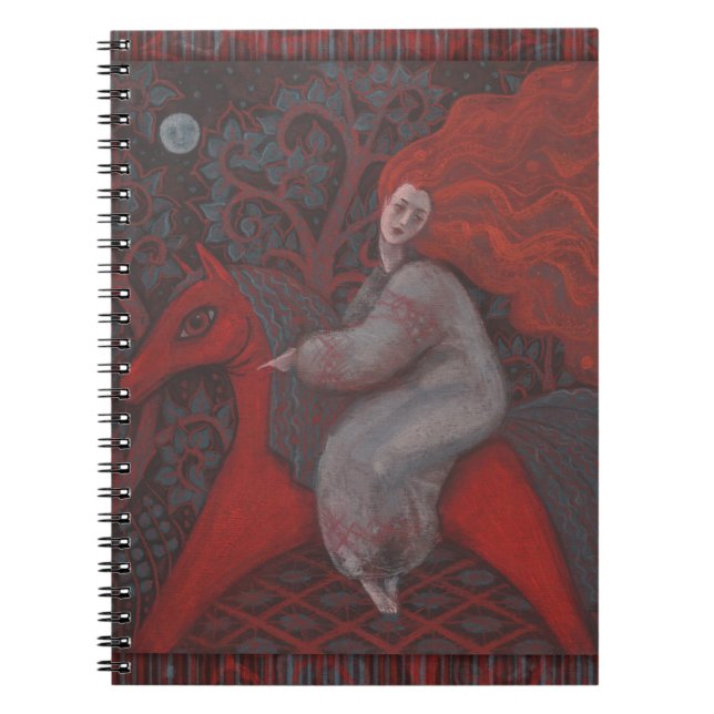 Caderno Espiral "Cavalo Vermelho", mulher ruiva, arte surreal fant (Frente)