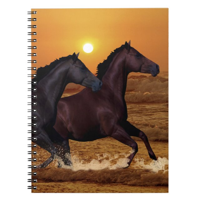 Caderno Espiral Cavalos correndo ao sol do oceano (Frente)