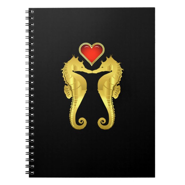 Caderno Espiral Cavalos-marinhos-de-ouro náuticos beijando coração (Frente)