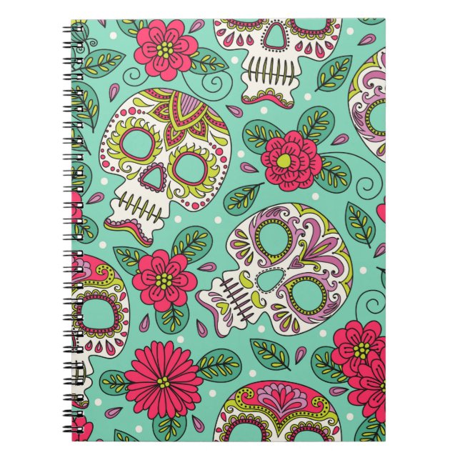 Caderno Espiral Caveira e Flores. Um Fundo Ininterrupto. da mexica (Frente)