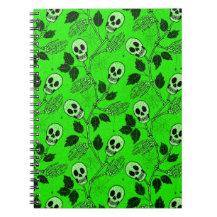 Caderno Espiral Caveira Floral Gótica Verde Neon