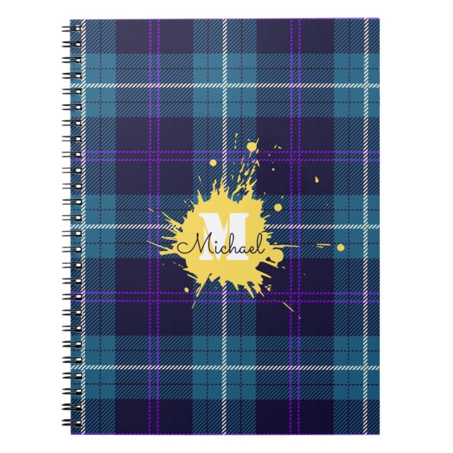Caderno Espiral Celadon Xadrez Azul Tartan Amarelo Monograma (Frente)