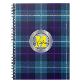 Caderno Espiral Celadon Xadrez Azul Tartan Monograma de Aço Metáli