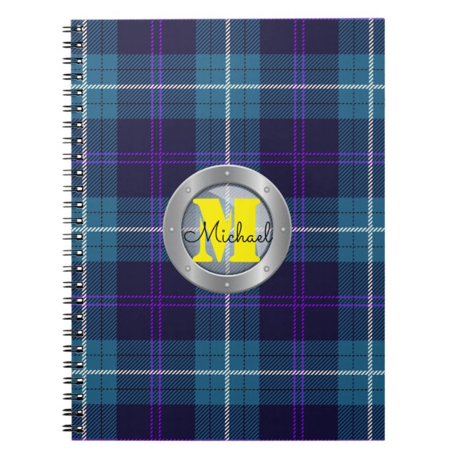 Caderno Espiral Celadon Xadrez Azul Tartan Monograma de Aço Metáli (Frente)