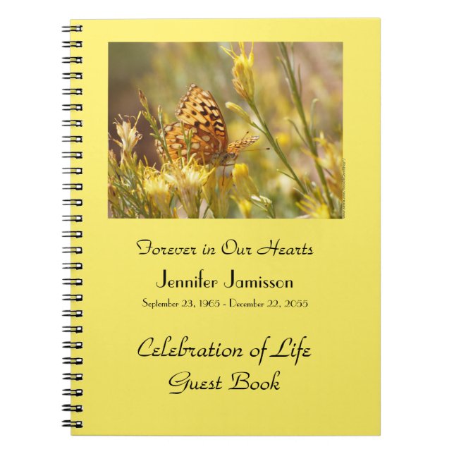 Caderno Espiral Celebration of Life Guest Book, Yellow Butterfly  (Frente)