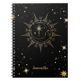Caderno Espiral Celestial Black e Faux Dourado Moon Sun Name