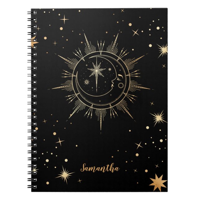 Caderno Espiral Celestial Black e Faux Dourado Moon Sun Name (Frente)