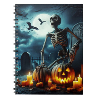 Caderno Espiral Cemitério, esqueleto sentado numa cova.