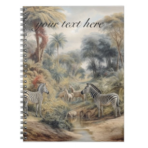 Caderno Espiral Cena botânica das zebras e leões personalizáveis
