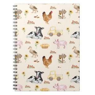 Caderno Espiral Cena de Fazenda em Aquarela Padrão Perfeito