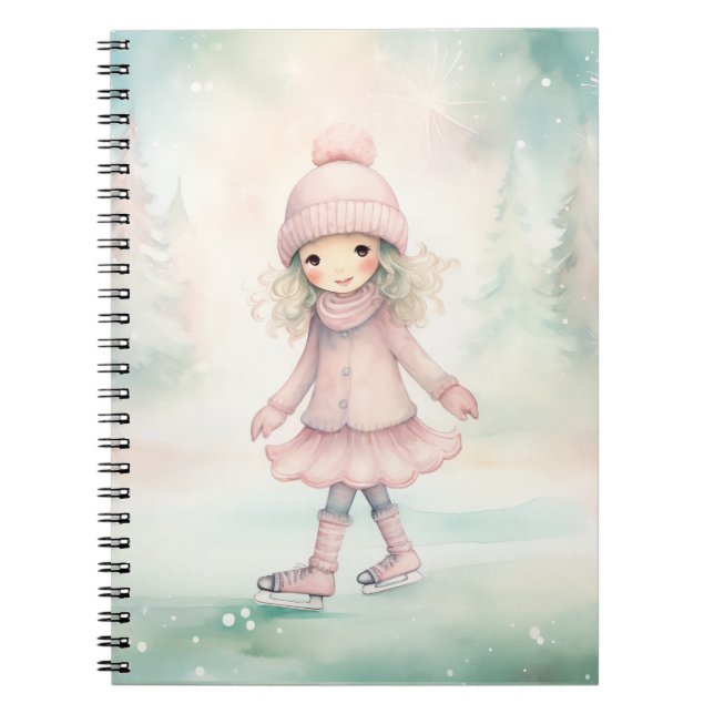 Caderno Espiral Cena de Inverno de Menina Patinando com Hortelã e  (Frente)