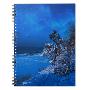 Caderno Espiral Cena de inverno noturna com pinheiros cobertos de 