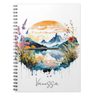 Caderno Espiral Cena de montanha em aquarela personalizada