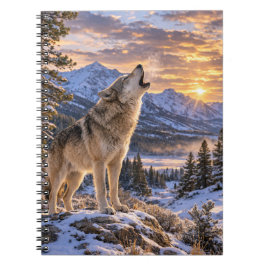 Caderno Espiral Cena de pôr do sol na montanha com lobo cinzento u