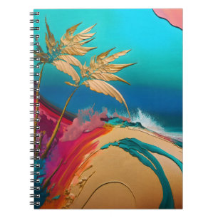 Caderno Espiral Cena de Praia Tropical Abstrata Vibrante