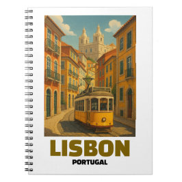 Caderno Espiral Cena de Rua de Elétrico Retrô Lisboa Portugal Vint