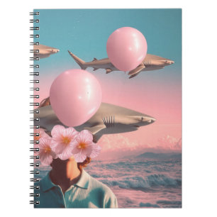Caderno Espiral Cena de Sonho Surrealista com Tubarões e Balões